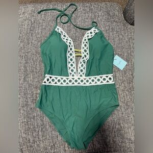 Cupshe Green One Piece with White Crochet Detail